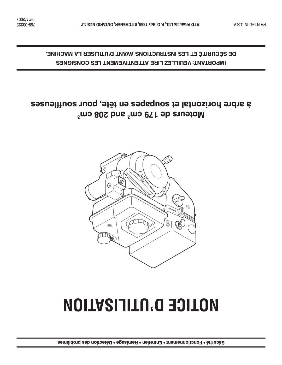 MTD 208cc, 179cc manual D’Utilisation Notice, 9/11/2007, 03333-769 