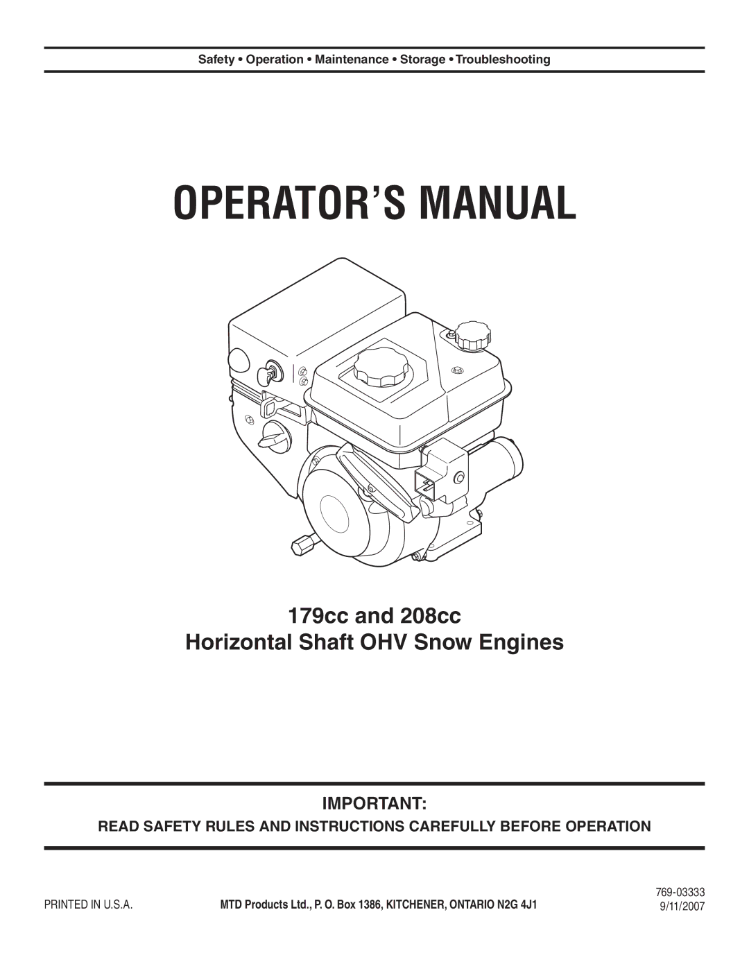 MTD manual 179cc and 208cc Horizontal Shaft OHV Snow Engines, Safety Operation Maintenance Storage Troubleshooting 