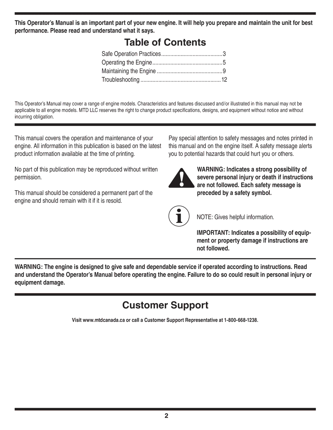 MTD 208cc, 179cc manual Table of Contents, Customer Support 