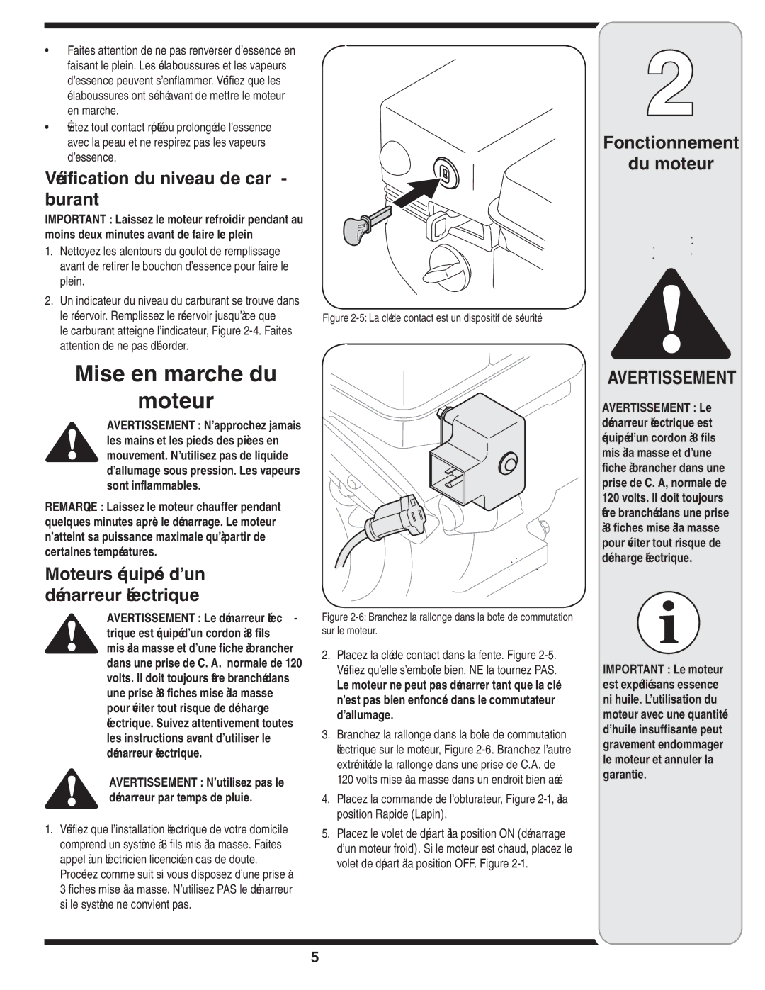 MTD 208cc manual Moteur Du marche en Mise, Électrique démarreur, ’un équipés Moteurs, Burant, Car de niveau du Vérification 