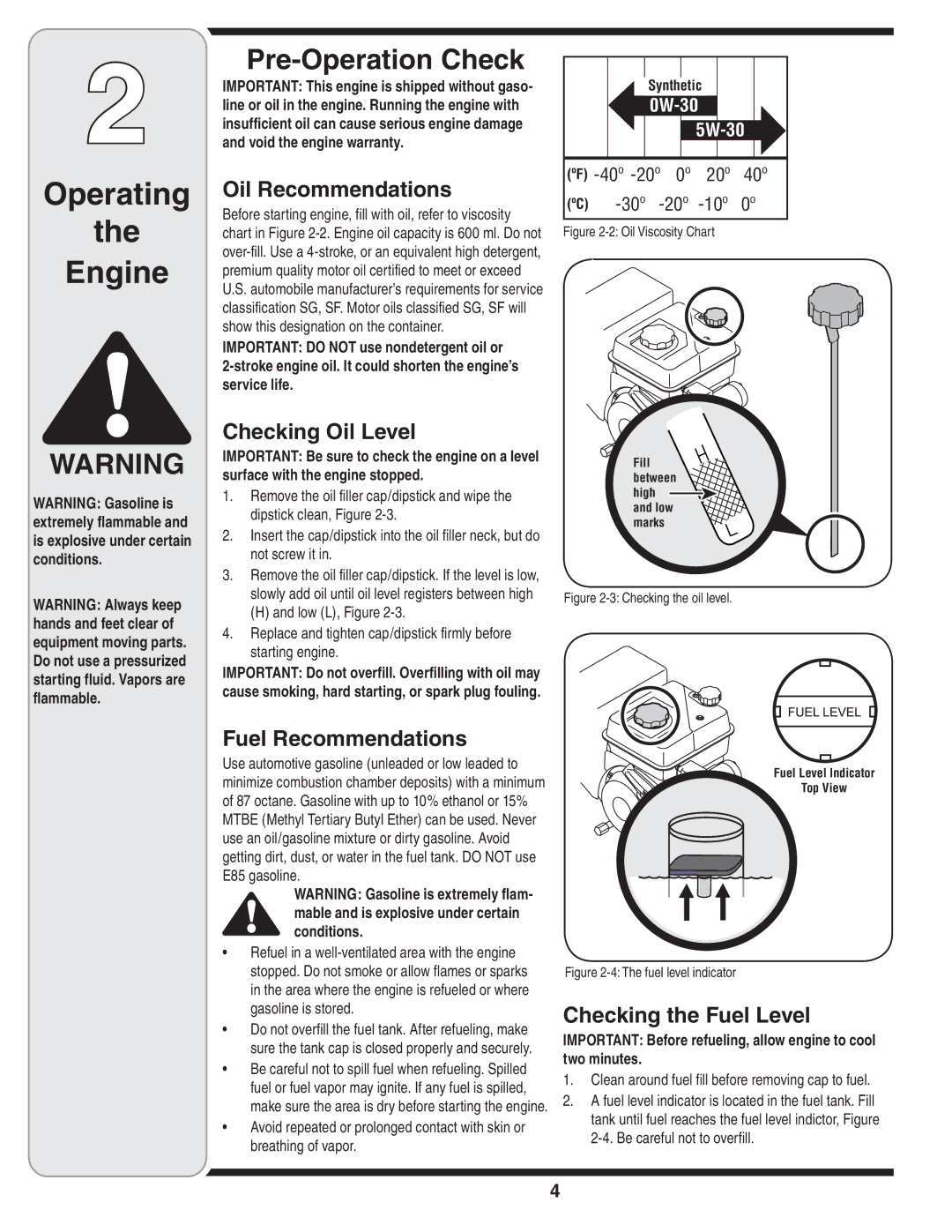 MTD 208cc Pre-Operation Check, Oil Recommendations, Checking Oil Level, Fuel Recommendations, Checking the Fuel Level 