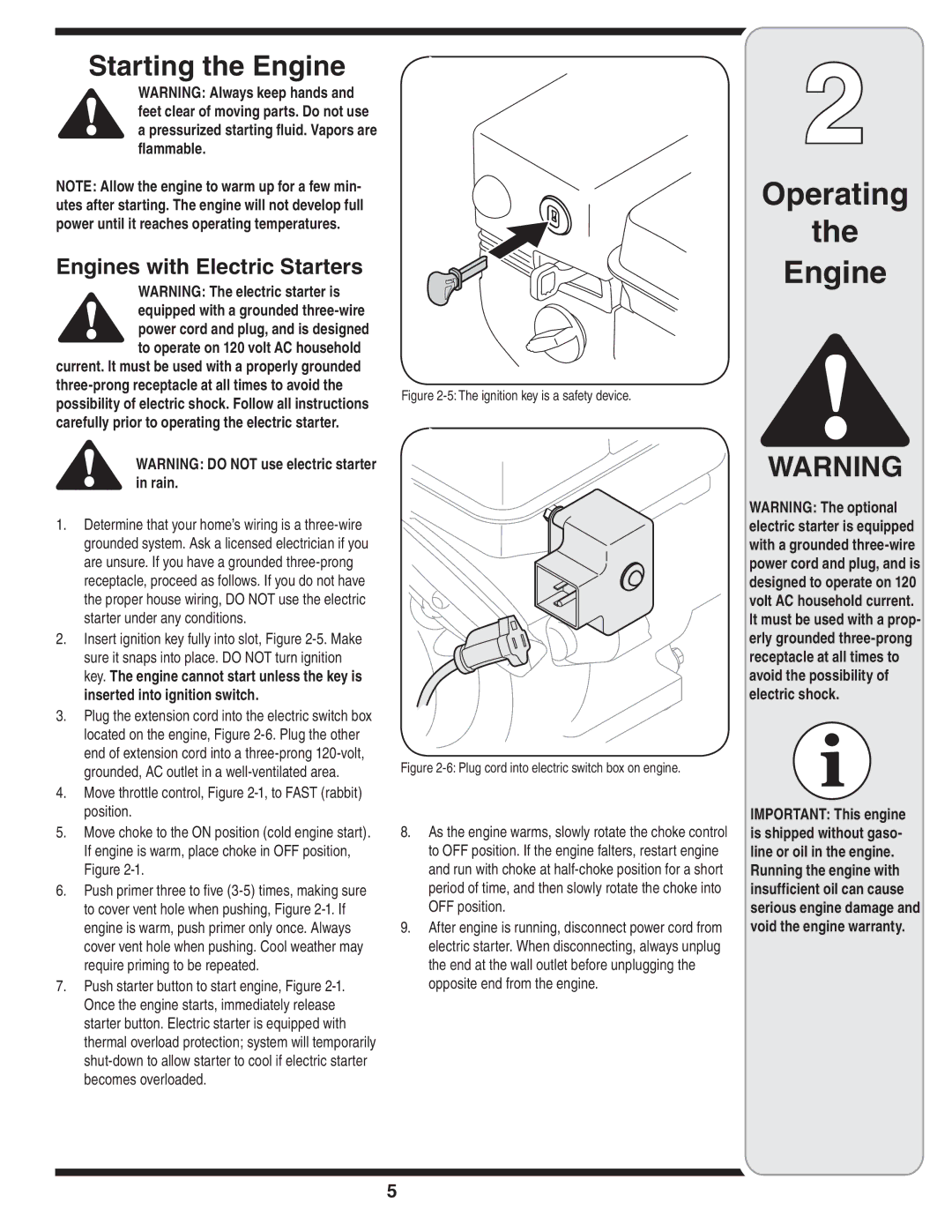 MTD 179cc, 208cc manual Starting the Engine, Engines with Electric Starters, Inserted into ignition switch 