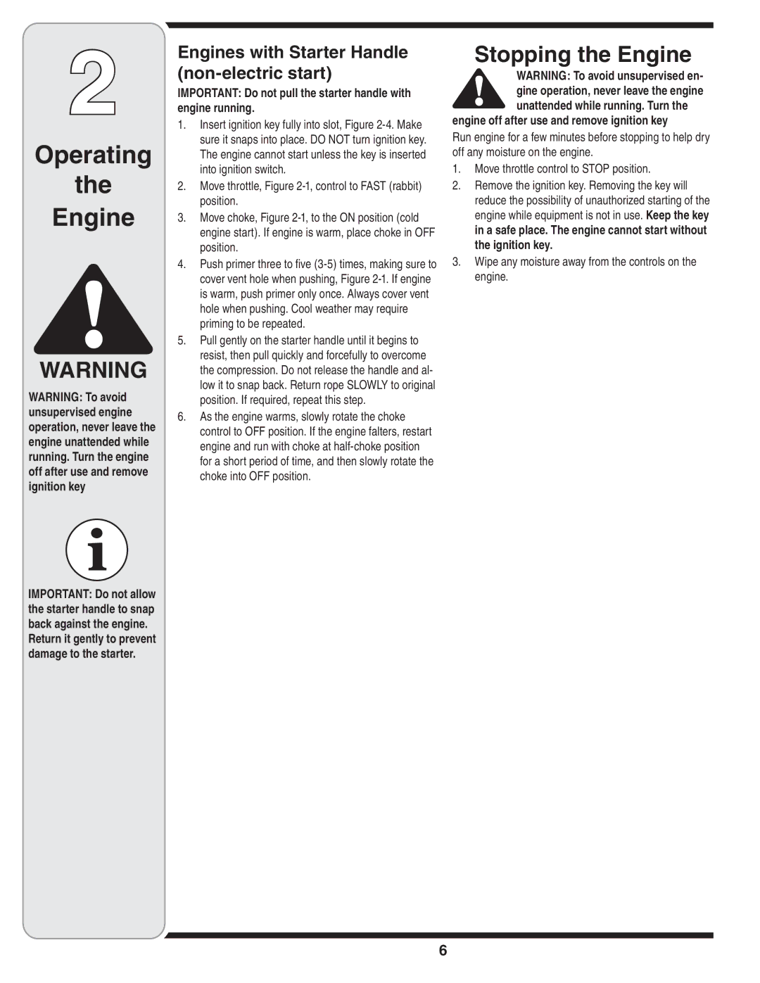 MTD 208cc, 179cc manual Stopping the Engine, Engines with Starter Handle non-electric start 