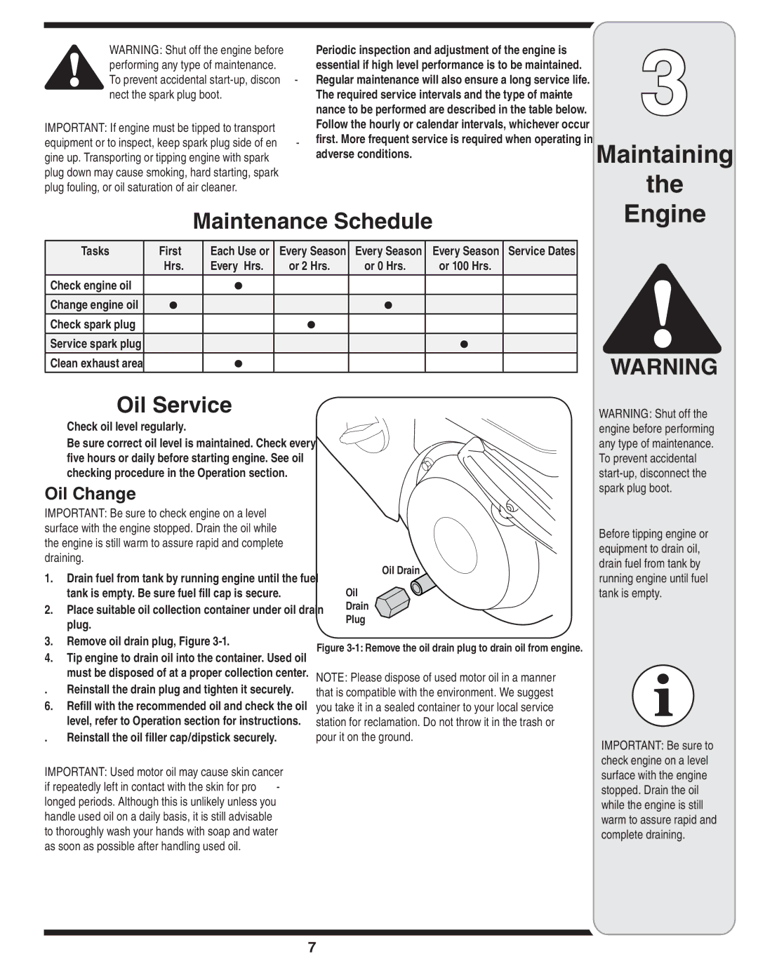 MTD 179cc, 208cc manual Maintaining, Maintenance Schedule, Oil Service, Oil Change 