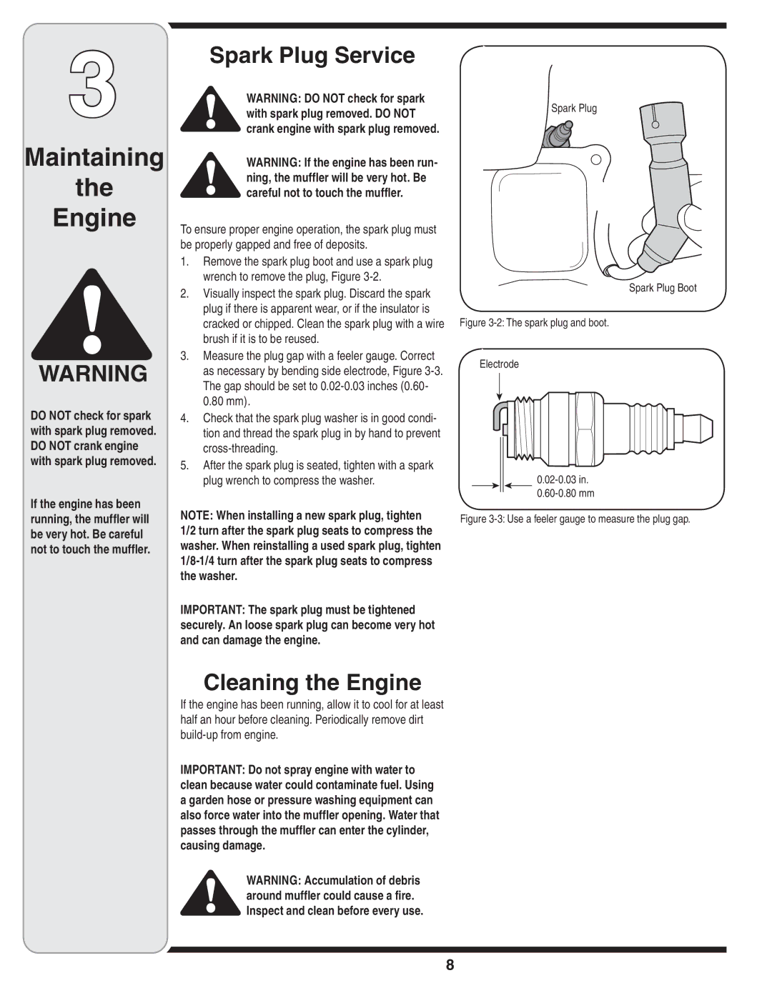 MTD 208cc, 179cc manual Maintaining Engine, Spark Plug Service, Cleaning the Engine, Spark Plug Spark Plug Boot 