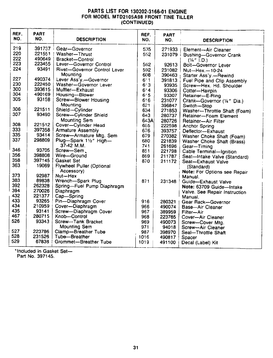 MTD 94-2105-B, 2105A98, 219-355-098 manual 