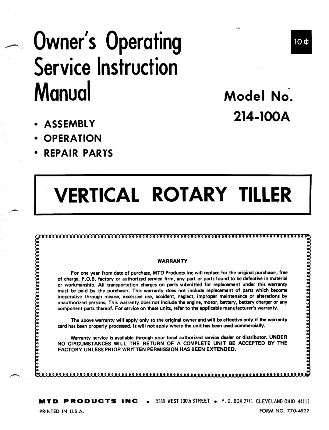 MTD 214-100A manual 