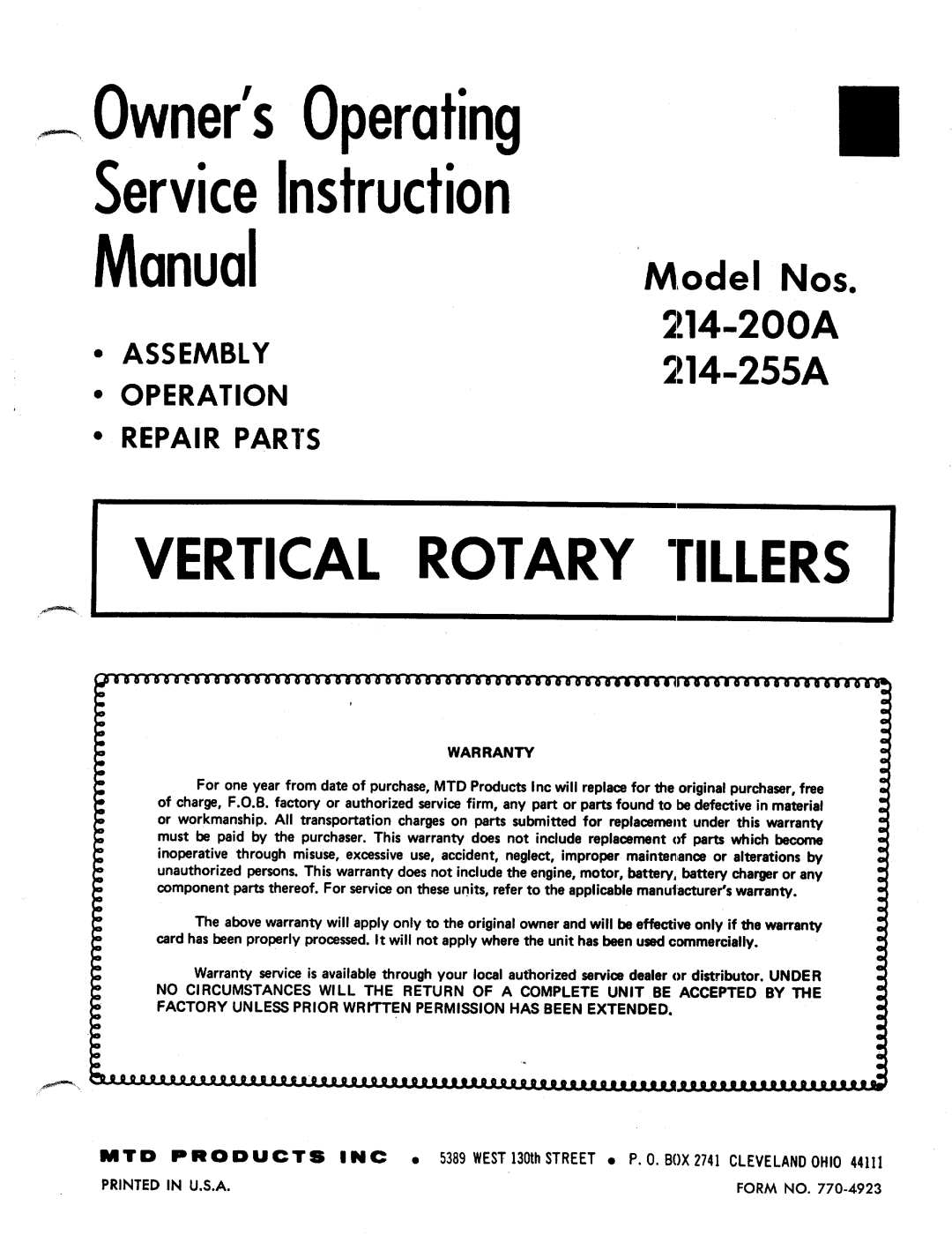 MTD 214-255A, 214-200A manual 