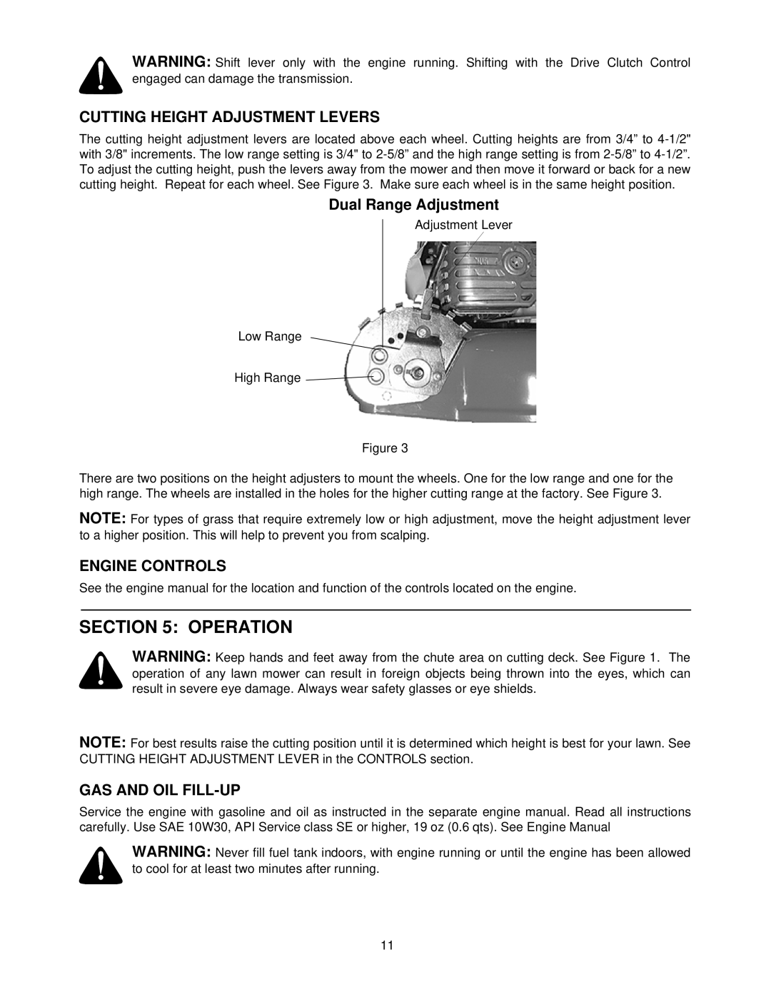MTD 214 IP, 216 IP, 214 KW, 216 WK manual Operation, Cutting Height Adjustment Levers, Engine Controls, GAS and OIL FILL-UP 