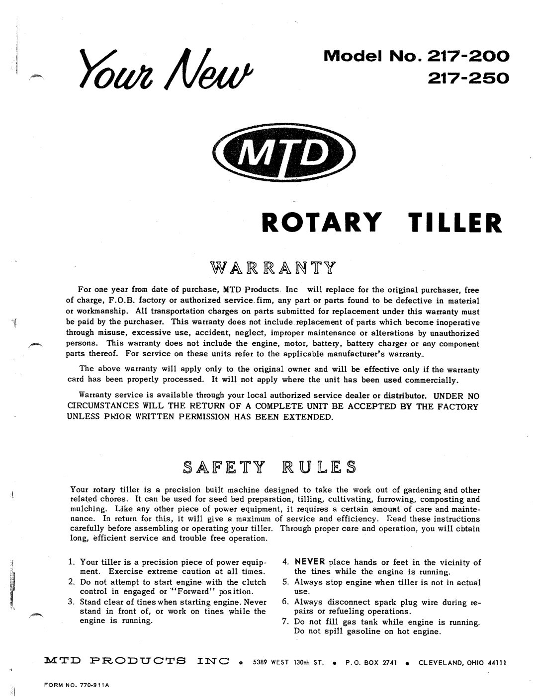 MTD 217-250, 217-200 manual 