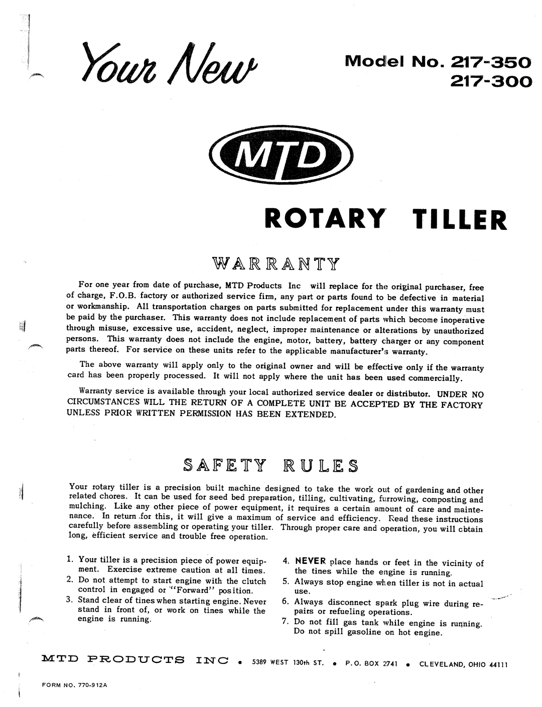 MTD 217-300, 217-350 manual 