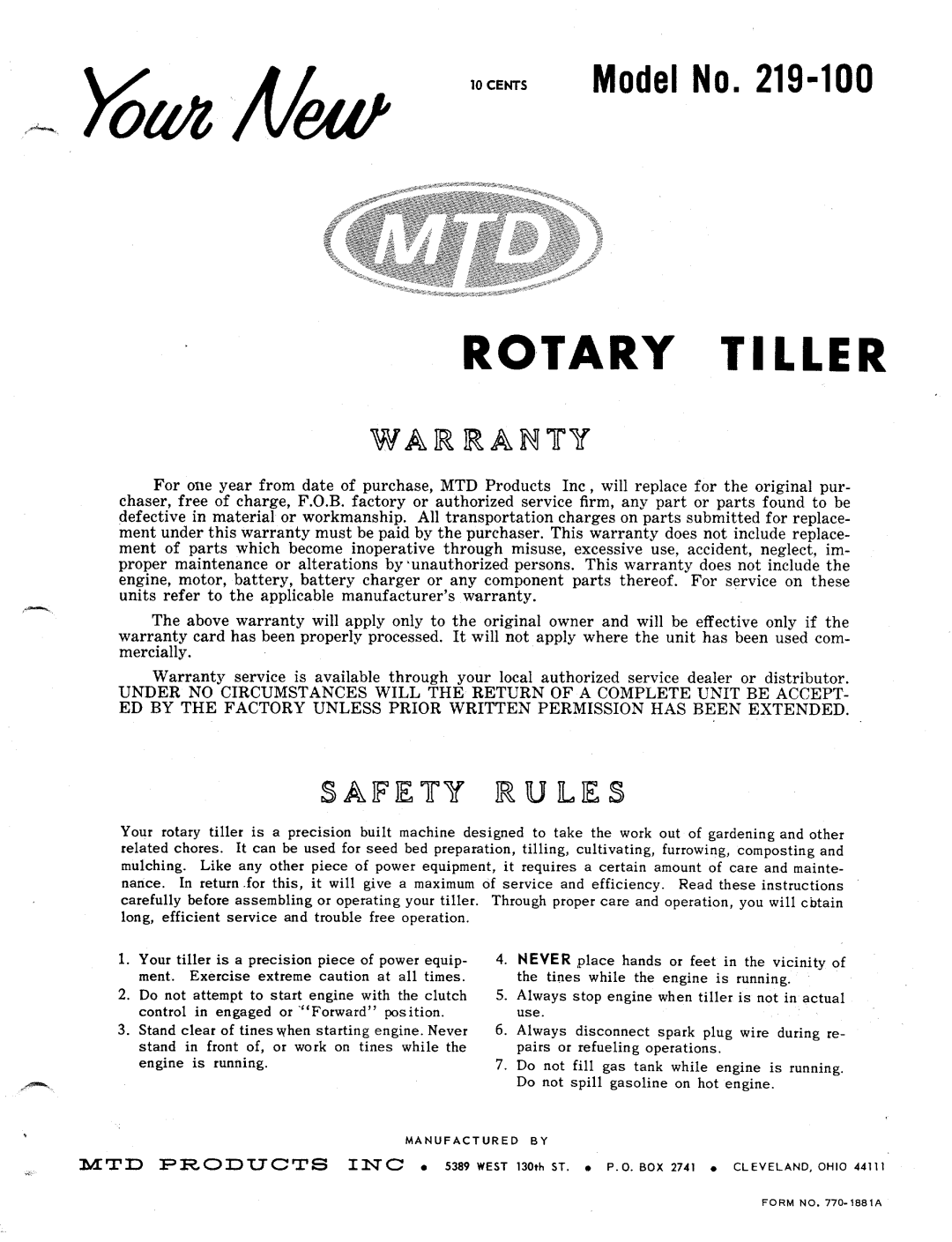 MTD 219-100 manual 
