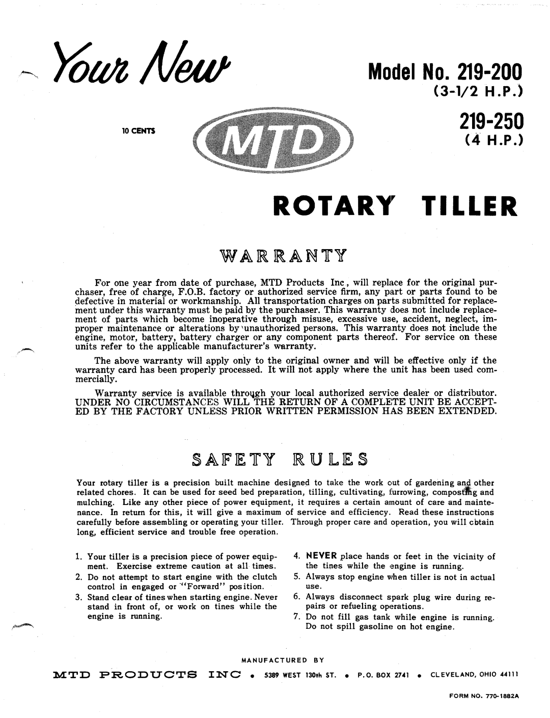 MTD 219-200, 219-250 manual 