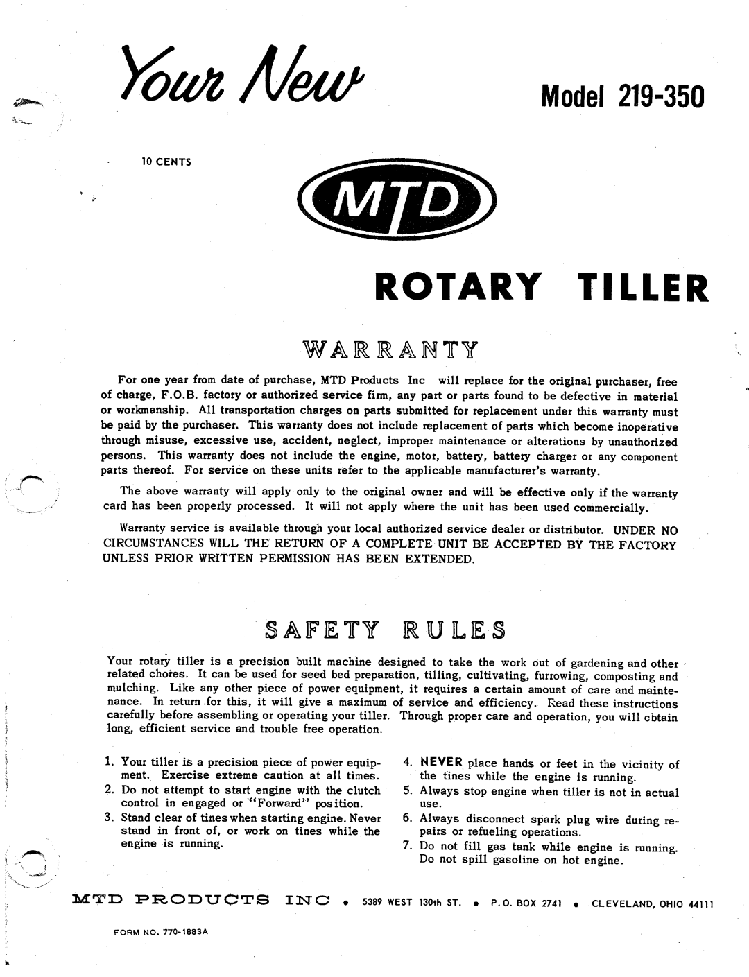 MTD 219-350 manual 