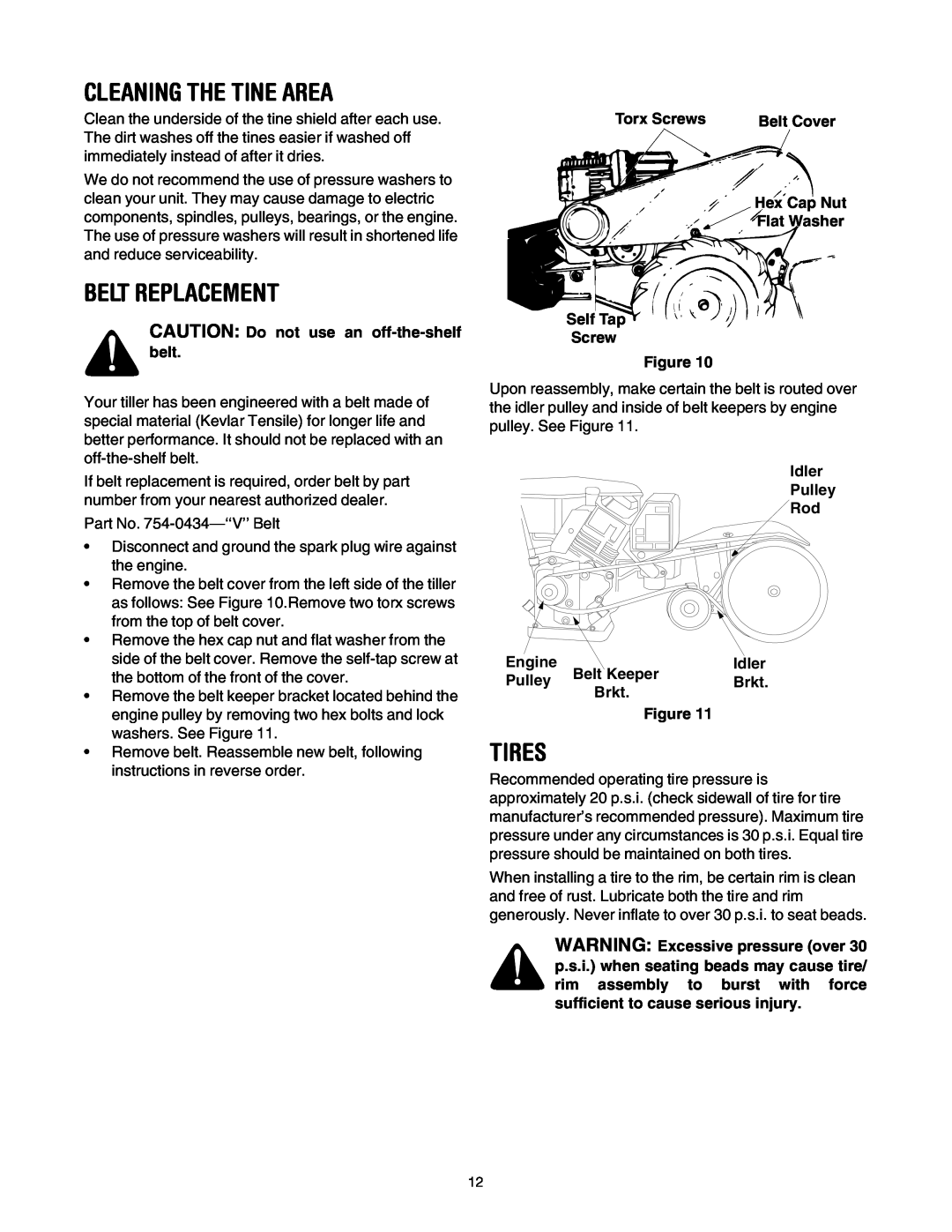MTD 21A-450 Series manual Cleaning The Tine Area, Belt Replacement, Tires 