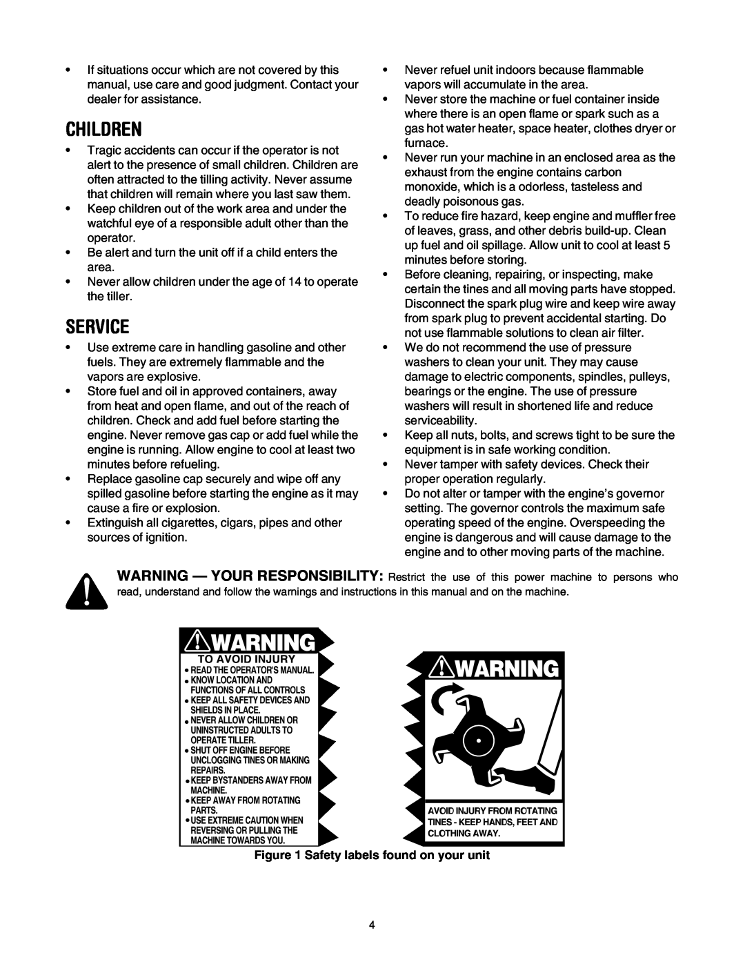 MTD 21A-450 Series manual Children, Service, Safety labels found on your unit 