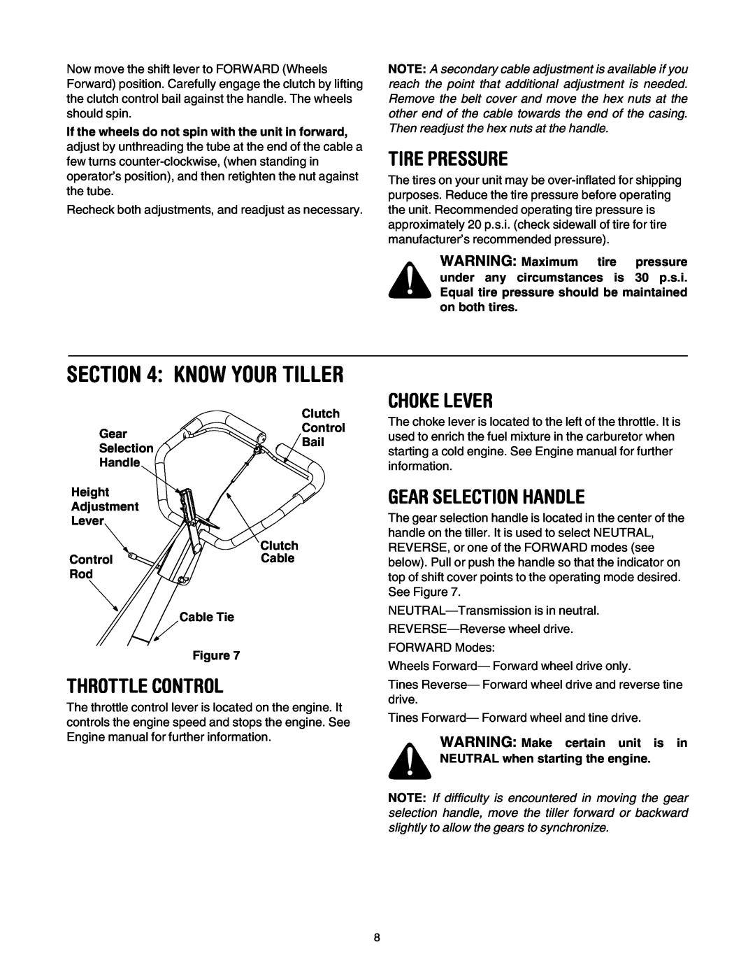 MTD 21A-450 Series manual Tire Pressure, Know Your Tiller, Choke Lever, Gear Selection Handle, Throttle Control 