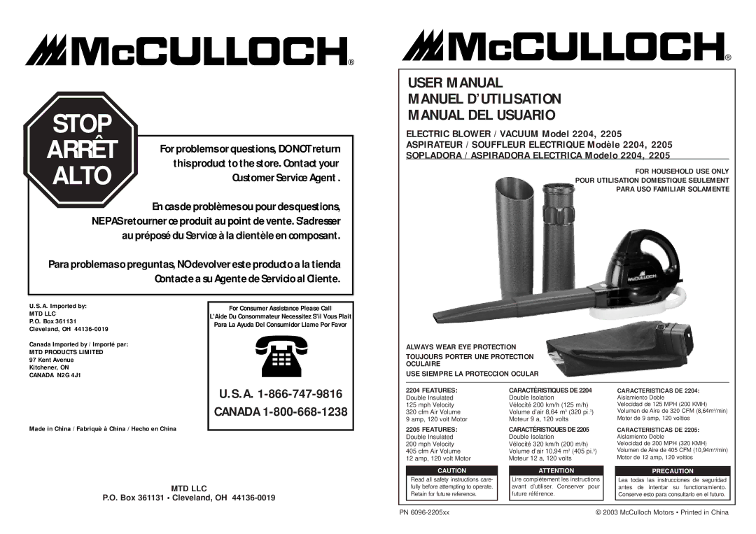 MTD 2204 user manual Mph Velocity Cfm Air Volume Amp, 120 volt Motor, Features, Caractéristiques DE, Caracteristicas DE 