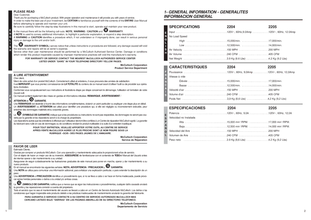 MTD 2205, 2204 user manual General Information Generalites Informacion General 