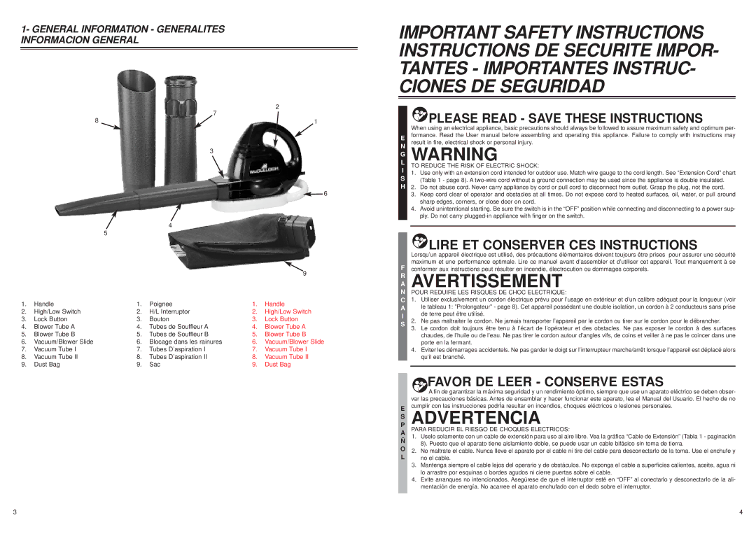 MTD 2204 Avertissement, Advertencia, To Reduce the Risk of Electric Shock, Pour Reduire LES Risques DE Choc Electrique 