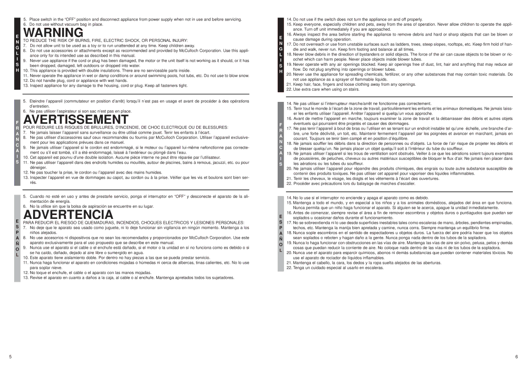 MTD 2205 Ance only for its intended use as described in this manual, Ment pour les applications prévues dans ce manuel 