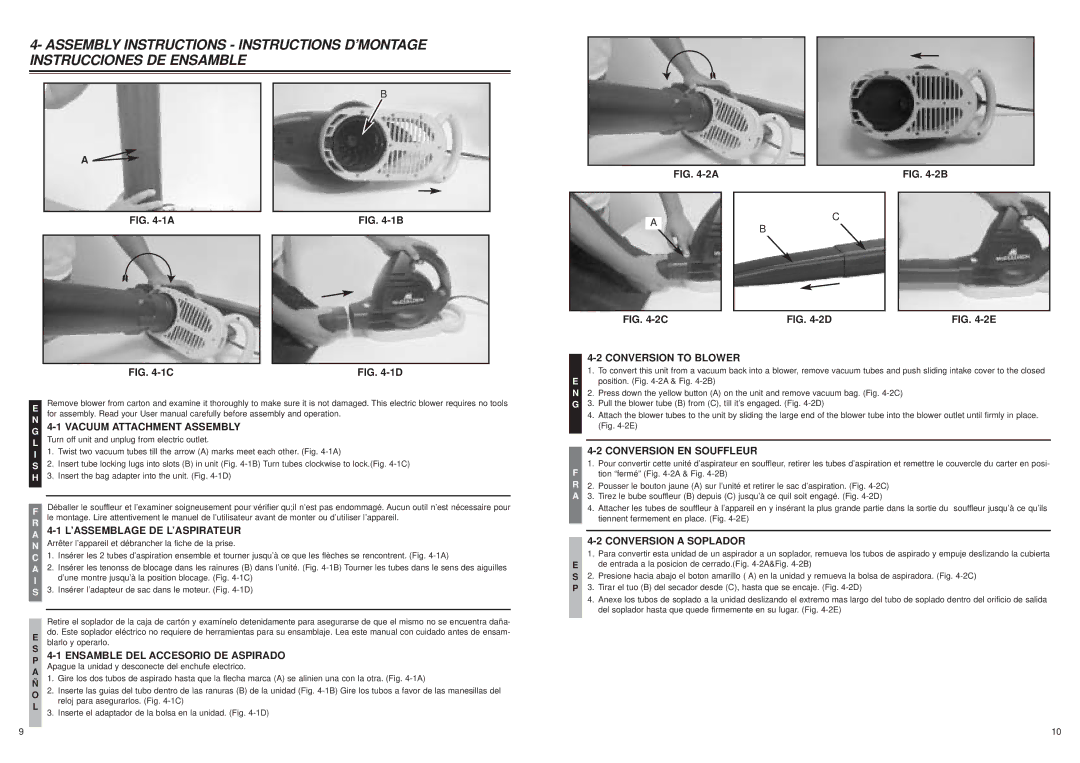 MTD 2205, 2204 user manual Vacuum Attachment Assembly, 1 L’ASSEMBLAGE DE L’ASPIRATEUR, Ensamble DEL Accesorio DE Aspirado 