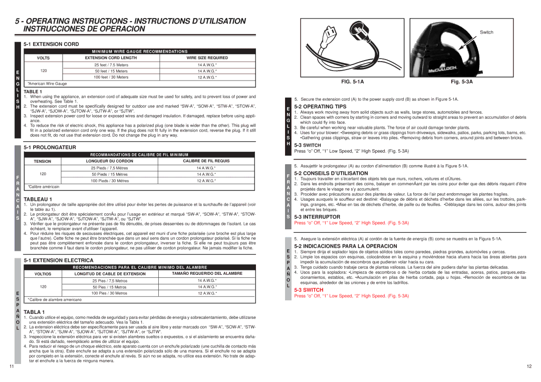 MTD 2204, 2205 user manual Extension Cord, Prolongateur, Tableau, Tabla, Operating Tips, Conseils D’UTILISATION, Interruptor 