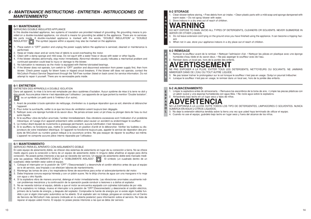 MTD 2205, 2204 user manual Maintenance, Entretien, Maintenimiento 