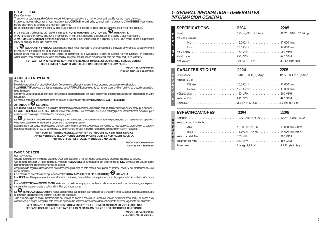 MTD 2205 General Information - Generalites Informacion General, Specifications, 2204, Caracteristiques, Especificaciones 