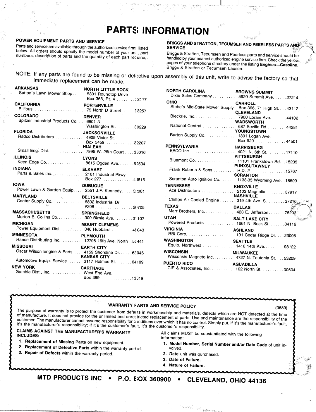 MTD 240-610-000 manual 