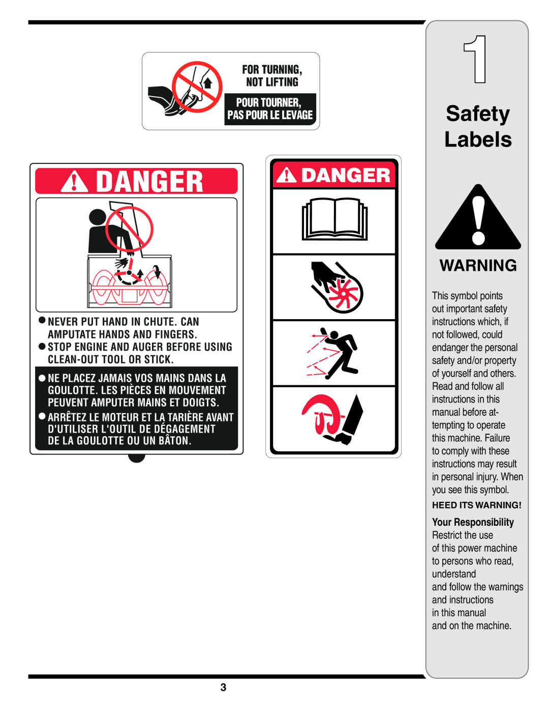 MTD 260 Danger, Safety Labels, For Turning Not Lifting, Pour Tourner Pas Pour Le Levage, in this manual and on the machine 