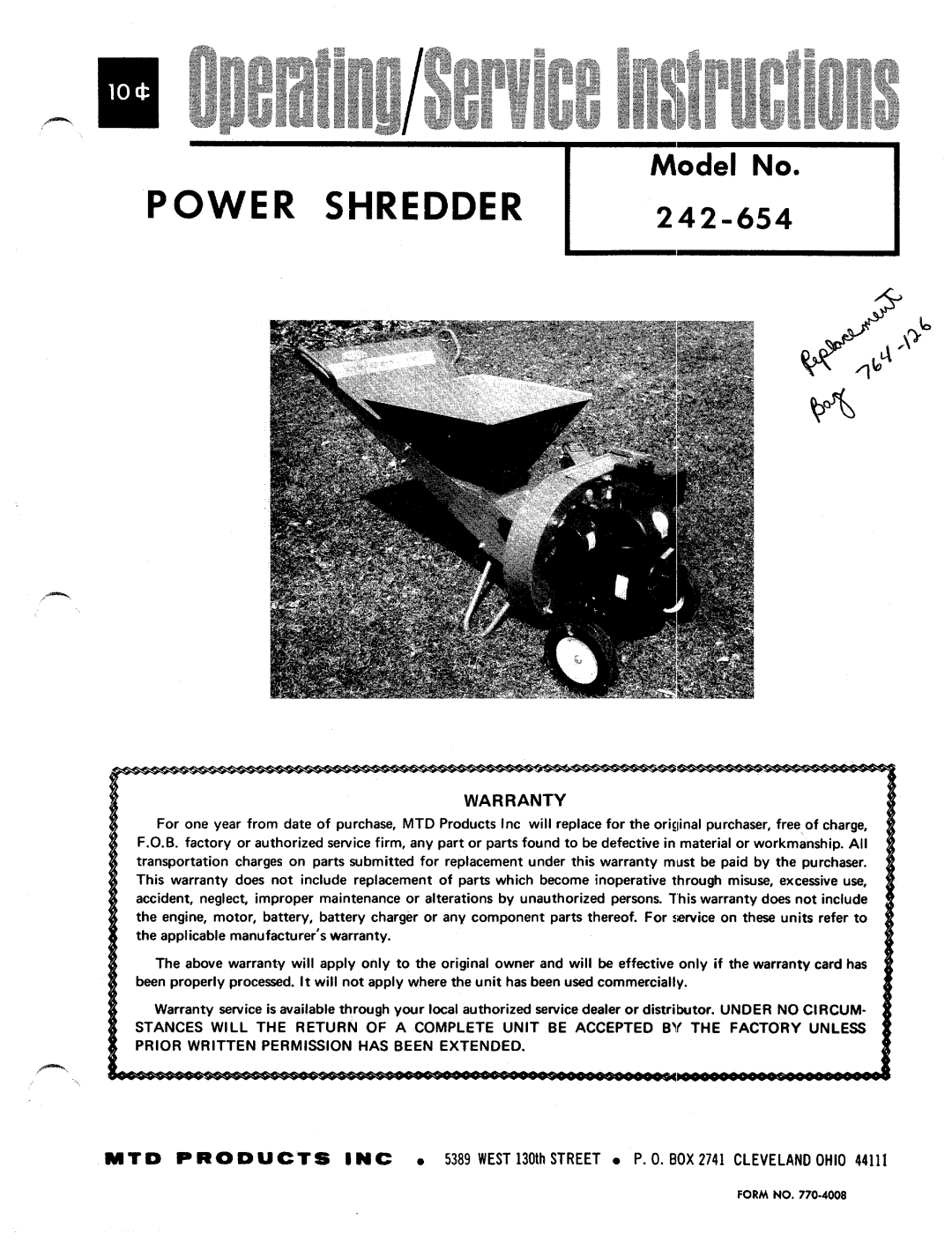 MTD 242-654 manual 