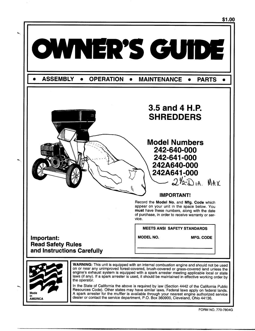 MTD 242-640-000, 242A640-000, 242-641-000, 242A641-000 manual 