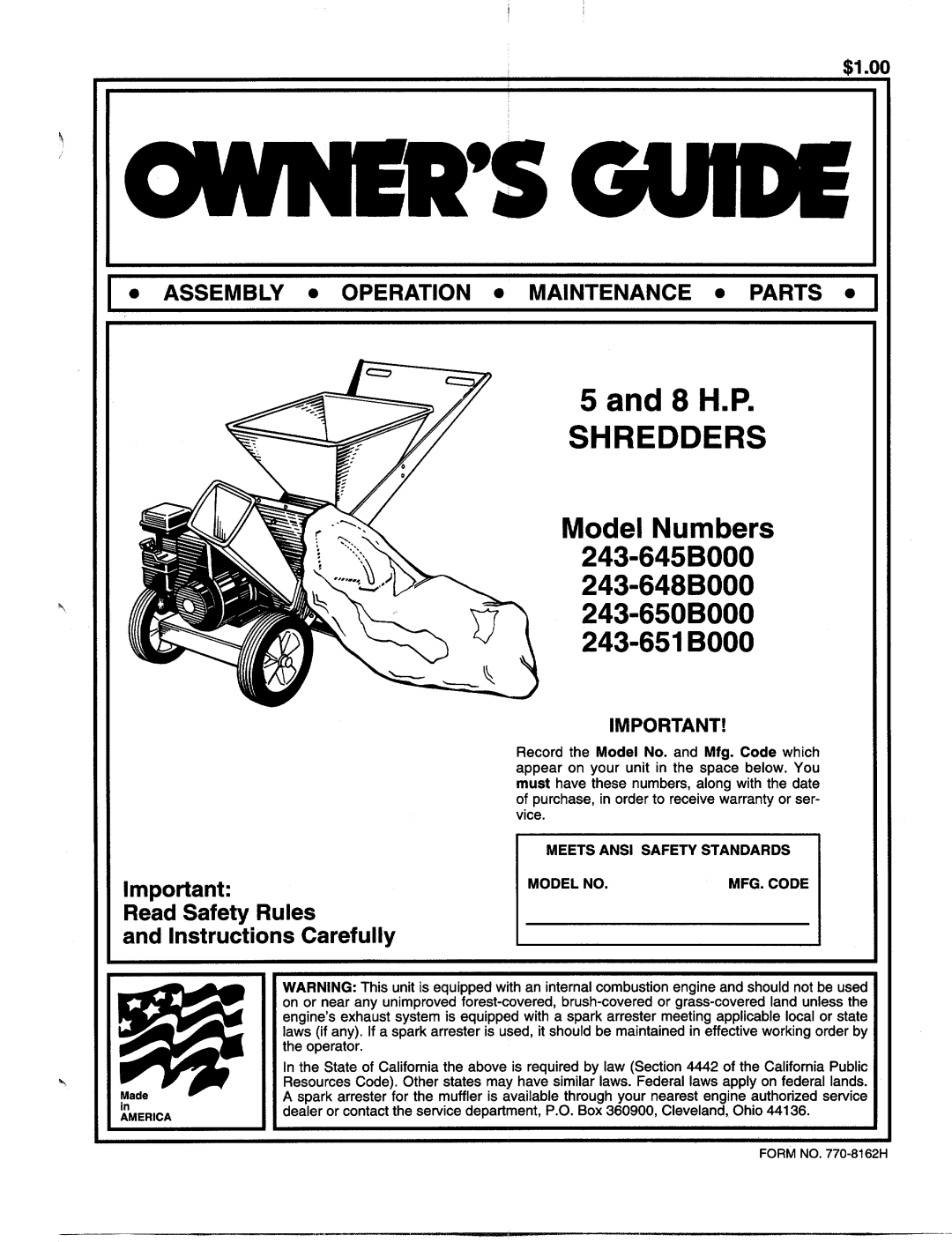 MTD 243-648B000, 243-650B000, 243-645B000, 243-651B000 manual 