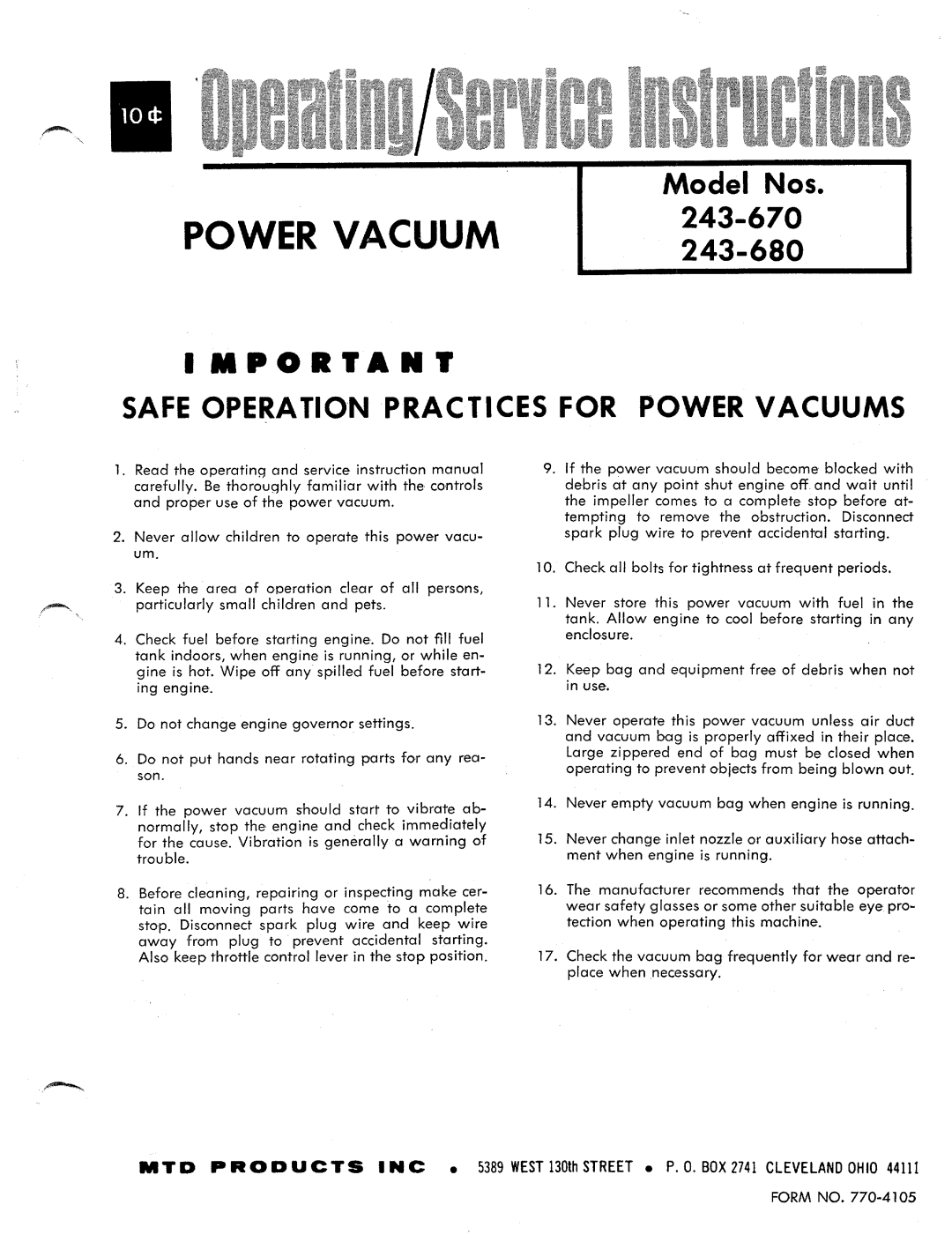 MTD 243-680, 243-670 manual 