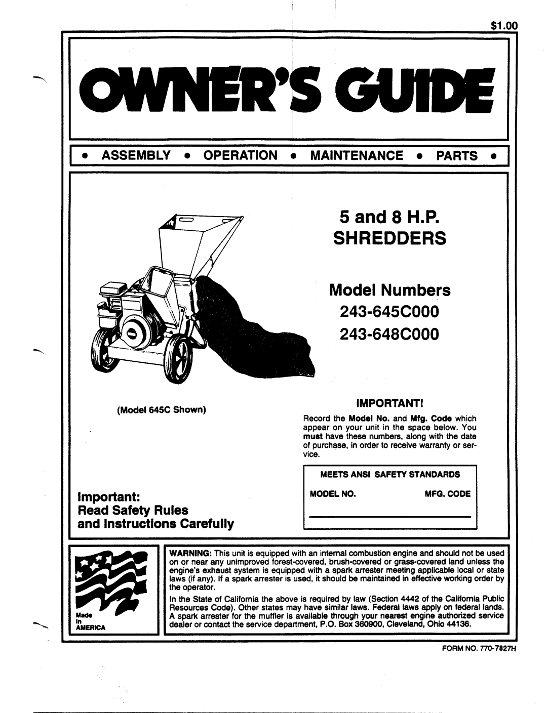 MTD 243-645C000, 243-685C000 manual 