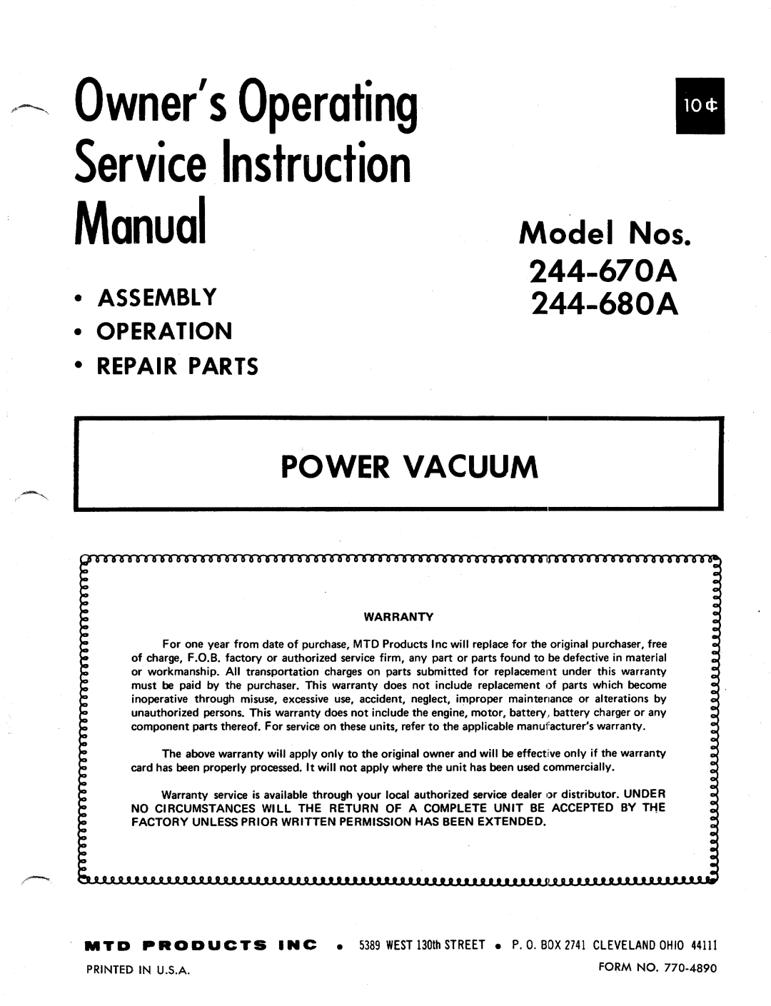 MTD 244-680A, 244-670A manual 