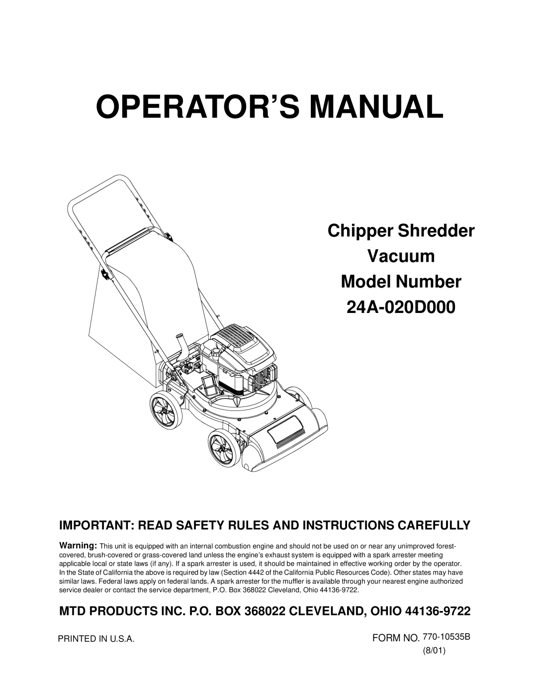 MTD 24A-020D000 manual OPERATOR’S Manual 