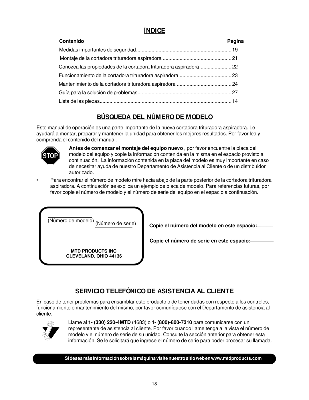 MTD 24A-020D000 manual Índice, Búsqueda DEL Número DE Modelo, Servicio Telefónico DE Asistencia AL Cliente, Contenido 