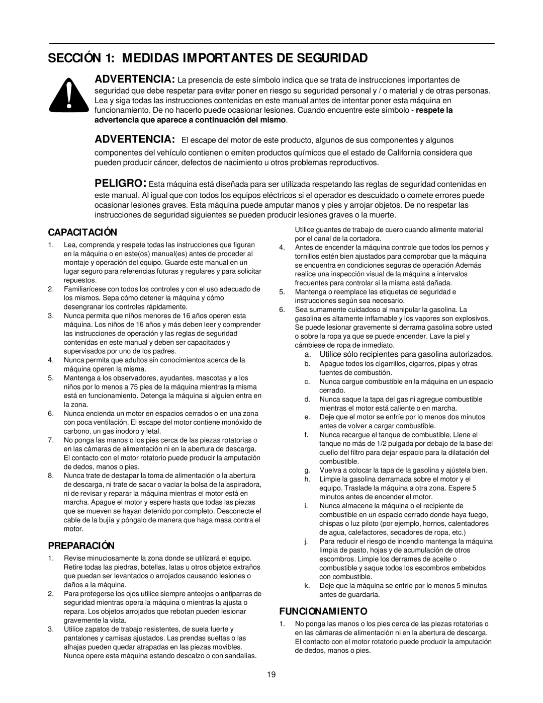 MTD 24A-020D000 manual Sección 1 Medidas Importantes DE Seguridad, Capacitación 