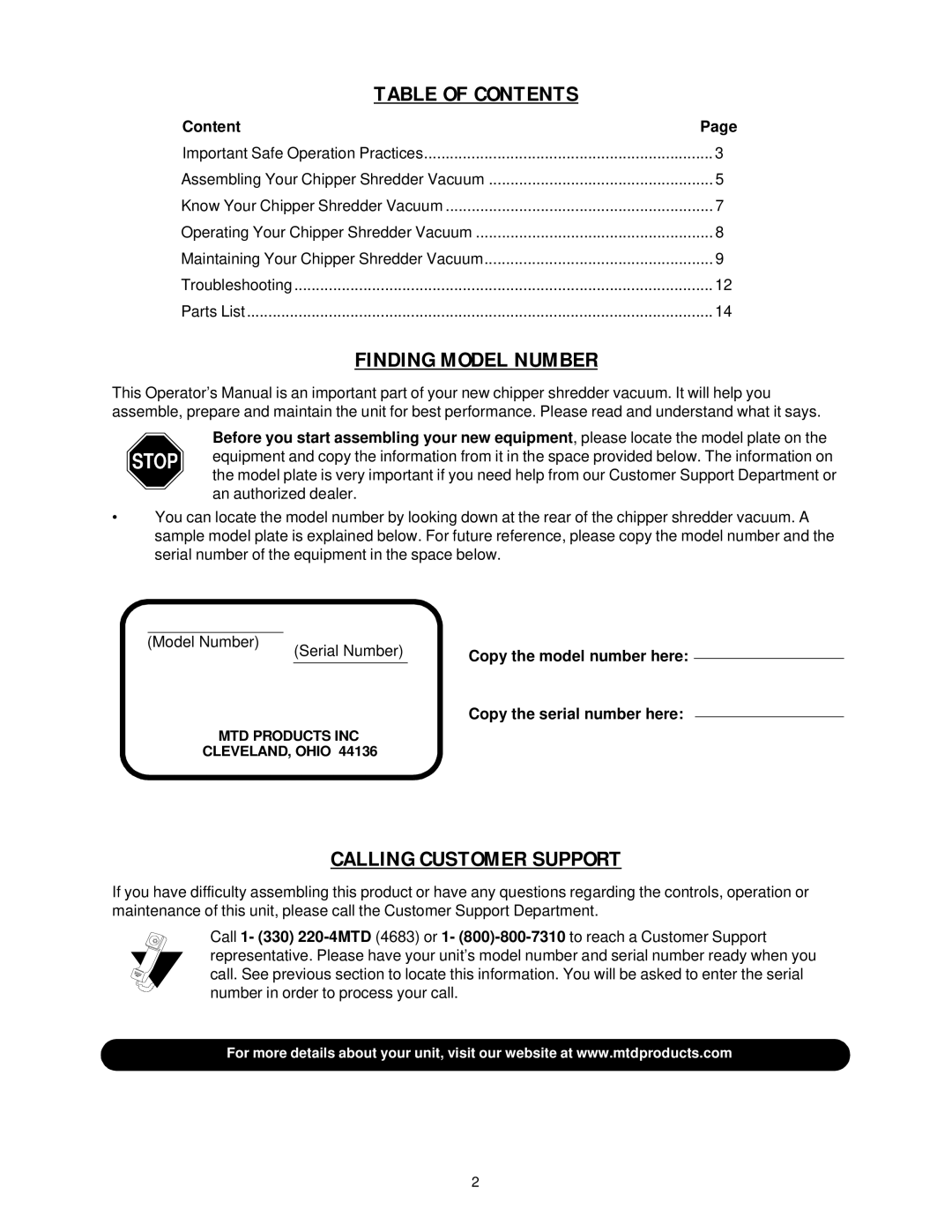 MTD 24A-020D000 manual Table of Contents, Finding Model Number, Calling Customer Support 