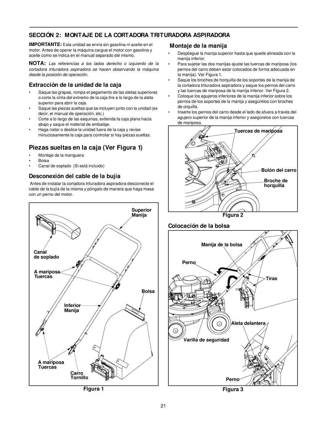 MTD 24A-020D000 manual Extracción de la unidad de la caja, Desconexión del cable de la bujía, Montaje de la manija 