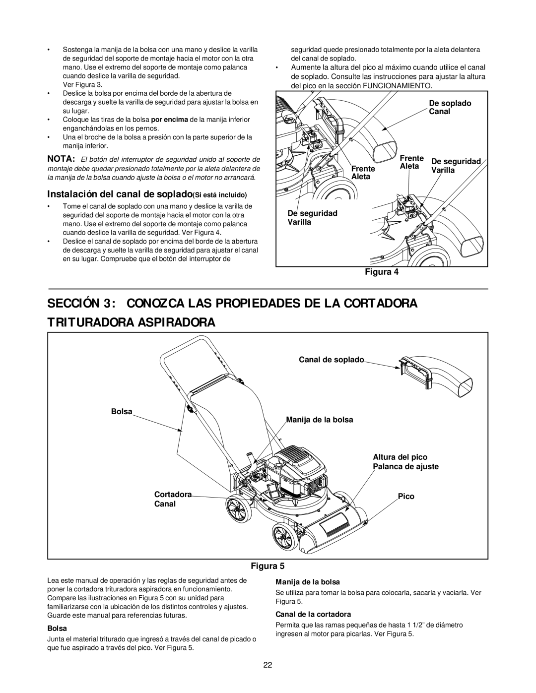 MTD 24A-020D000 manual Instalación del canal de sopladoSi está incluido, Bolsa, Manija de la bolsa, Canal de la cortadora 