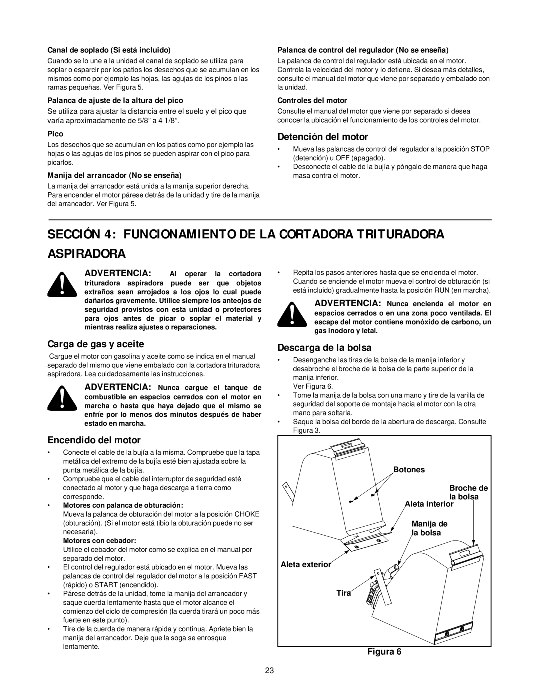 MTD 24A-020D000 manual Detención del motor, Carga de gas y aceite Descarga de la bolsa, Encendido del motor 