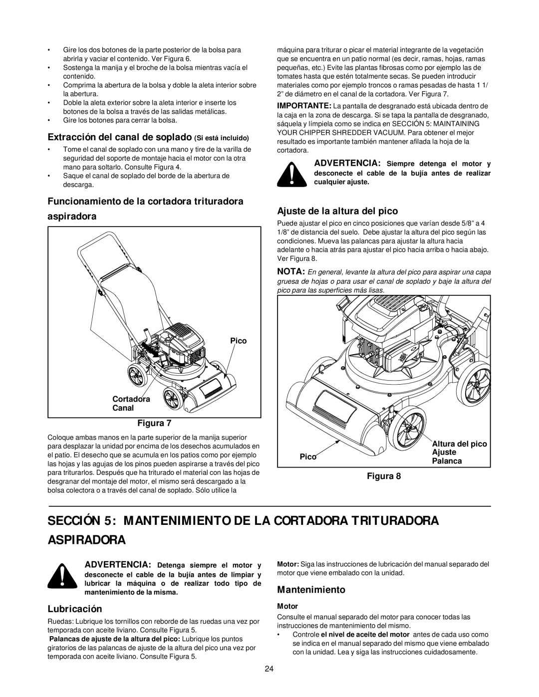 MTD 24A-020D000 Funcionamiento de la cortadora trituradora aspiradora, Ajuste de la altura del pico, Lubricación, Motor 