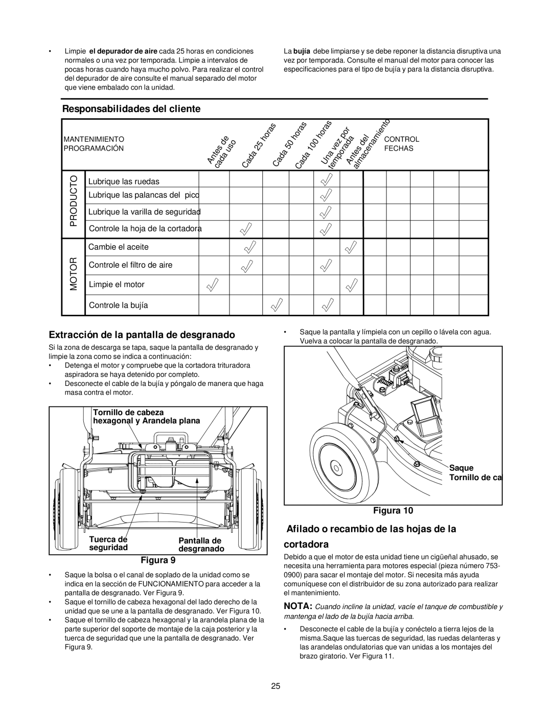 MTD 24A-020D000 manual Afilado o recambio de las hojas de la cortadora, Responsabilidades del cliente 