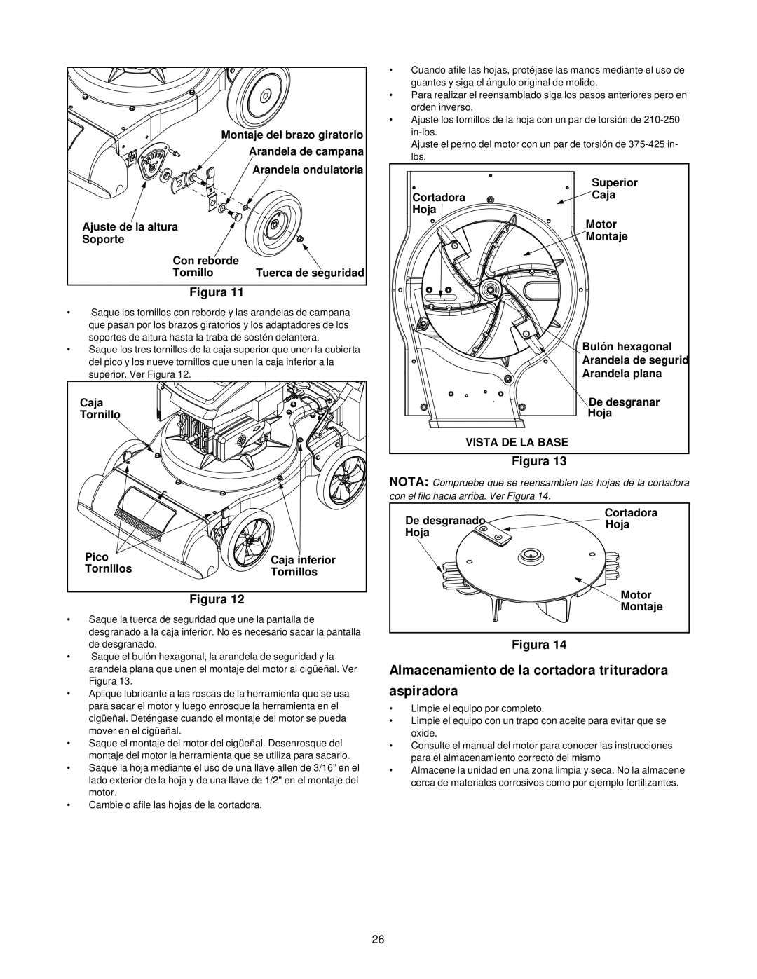 MTD 24A-020D000 manual Almacenamiento de la cortadora trituradora aspiradora, Caja Tornillo Pico Caja inferior Tornillos 