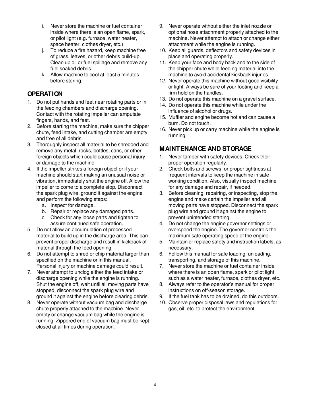 MTD 24A-020D000 manual Operation, Maintenance and Storage 