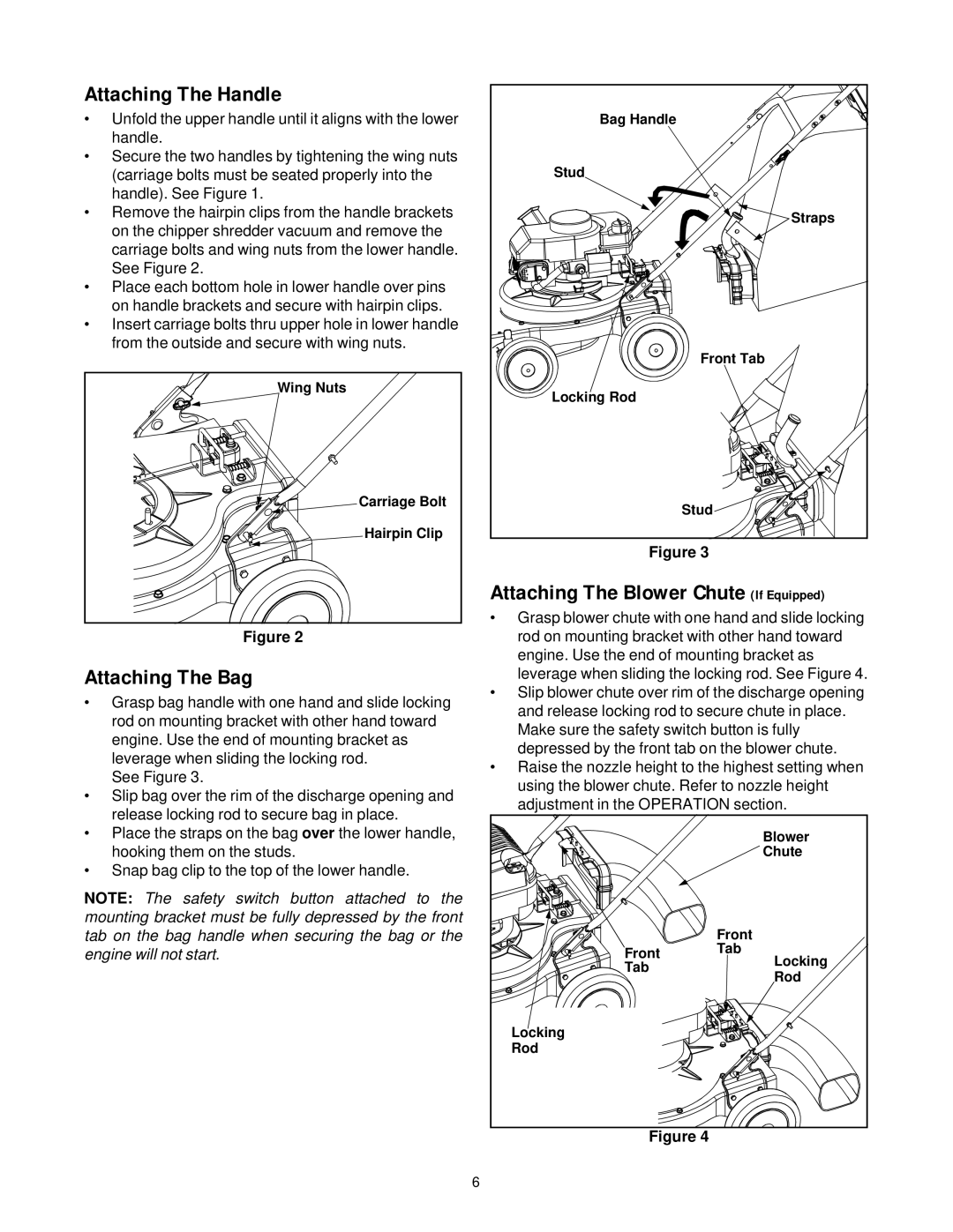 MTD 24A-020D000 manual Attaching The Handle, Attaching The Bag, Attaching The Blower Chute If Equipped 