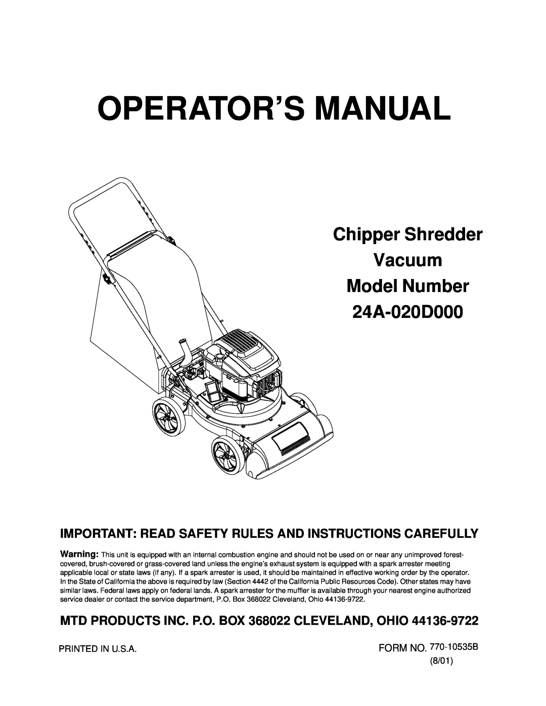 MTD manual Operator’S Manual, Chipper Shredder Vacuum Model Number 24A-020D000 